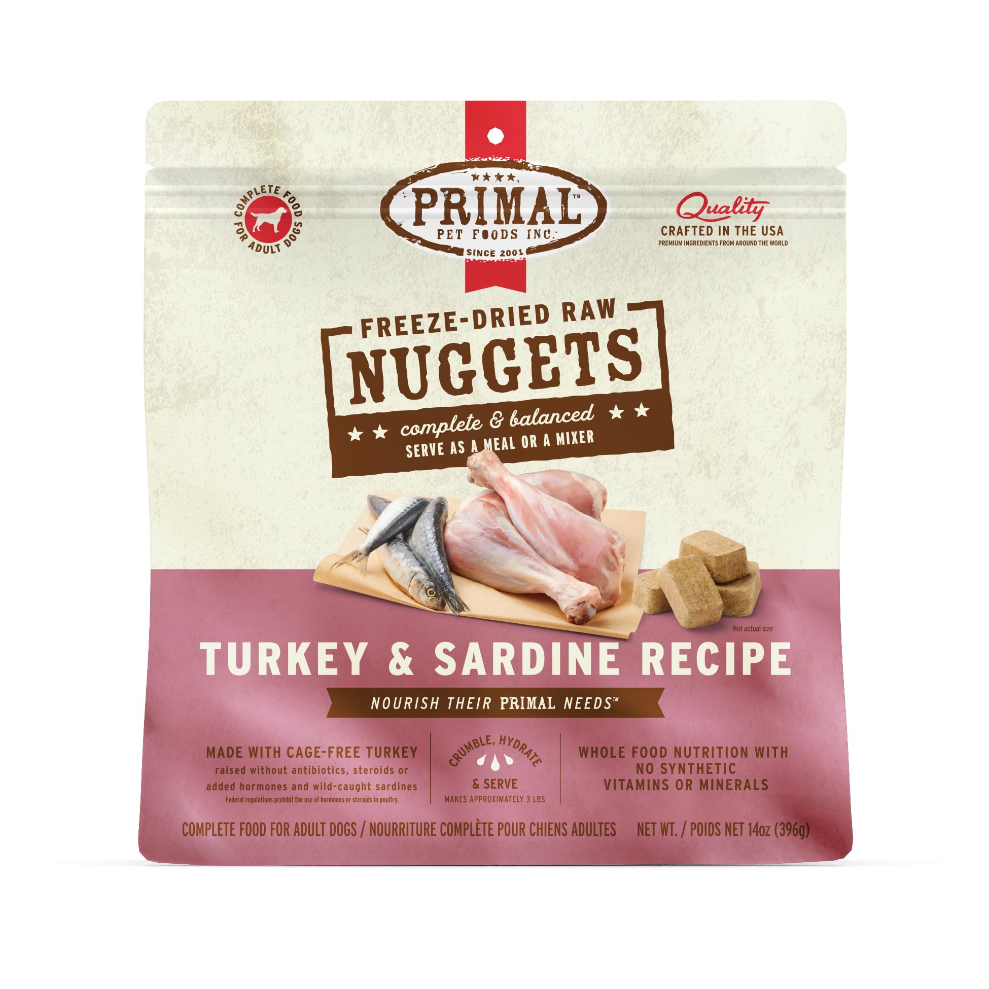 Primal Freeze Dried Nuggets with turkey and sardine, complete balanced 14 oz in a bowl