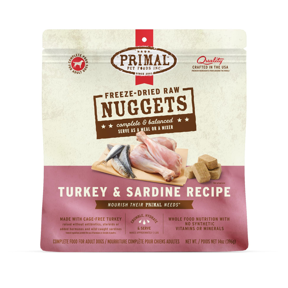 Primal Freeze Dried Nuggets with turkey and sardine, complete balanced 14 oz in a bowl