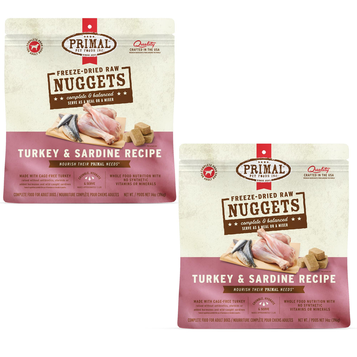 Primal freeze-dried turkey-sardine nuggets pack ready for meals