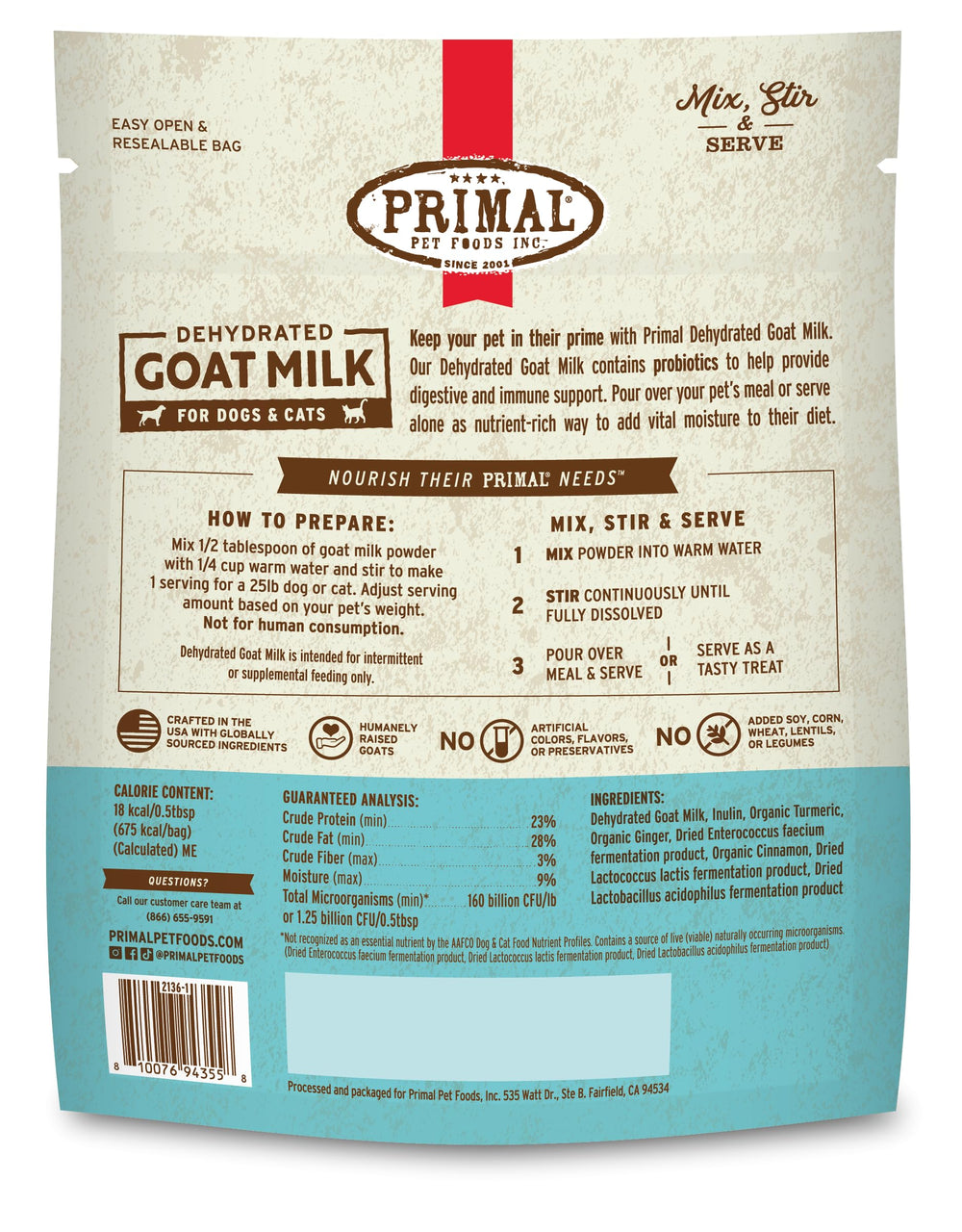 Primal Goat Milk Powder front packaging showcases organic spices for immune support.