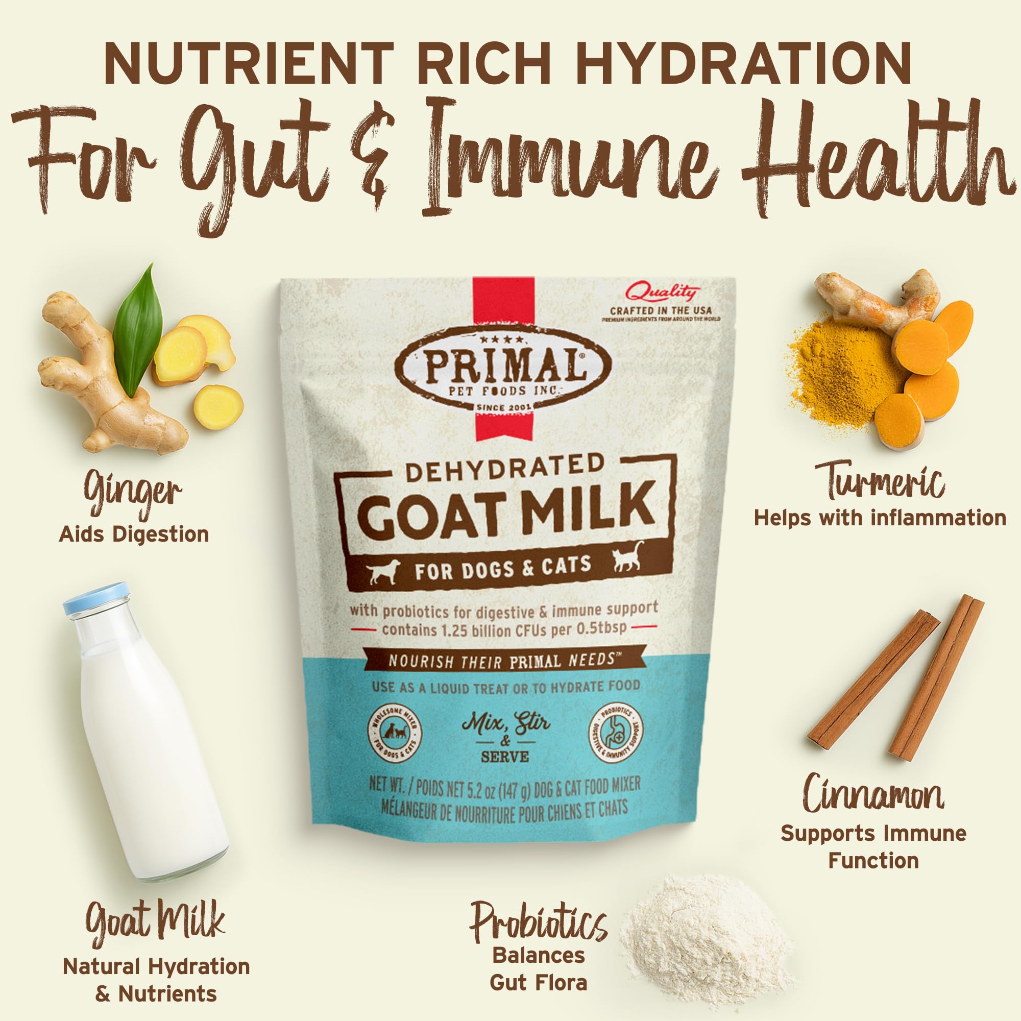 Primal Goat Milk Powder resealable pouch emphasizing convenient at-home use.