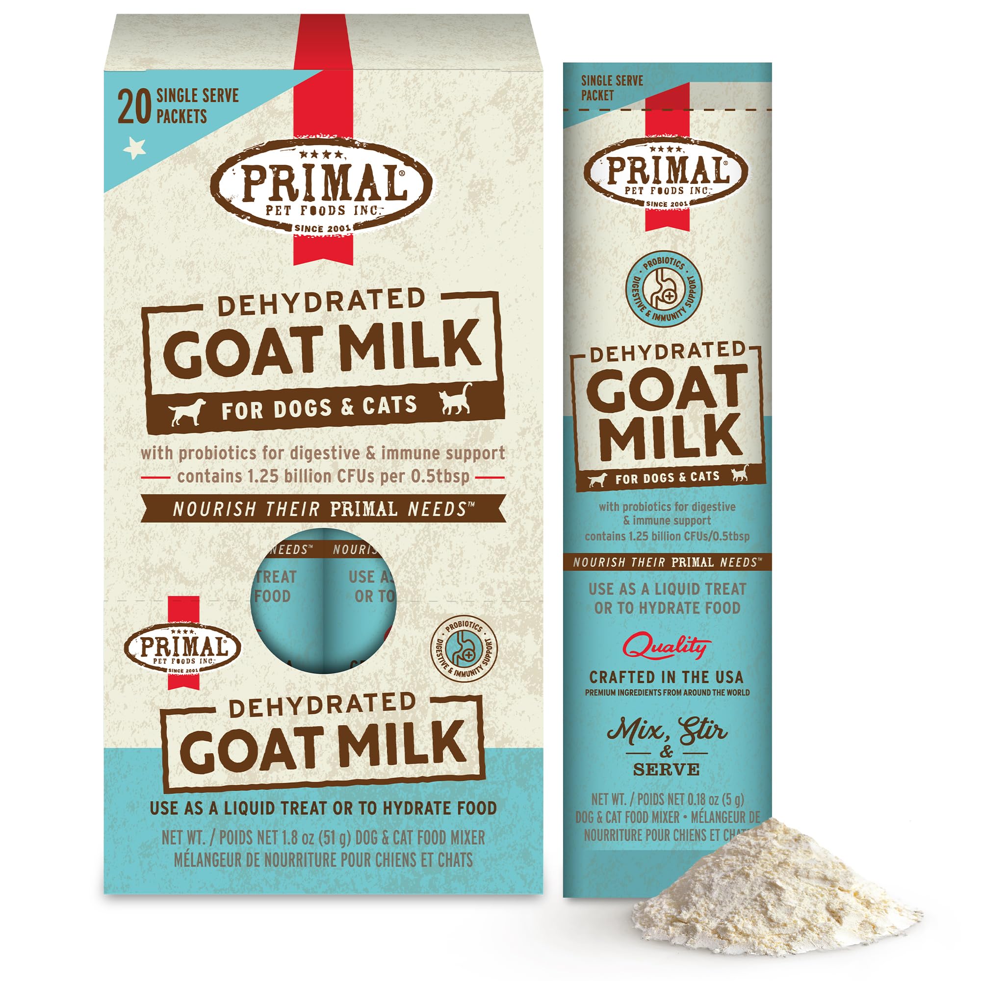 Primal Goat Milk Powder topper packaging highlights shelf-stable hydration option for pets.