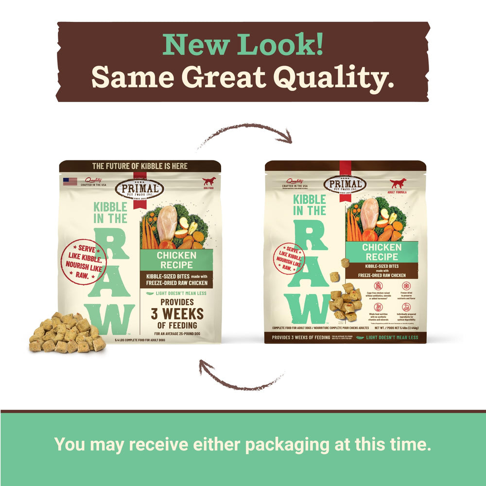 Primal Kibble in the Raw 5.4 lb bag indicating compact, nutrition-dense packaging.