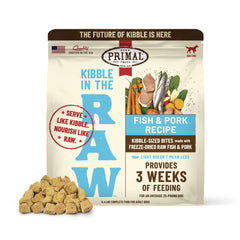 Primal Kibble in The Raw bag front shows premium raw nutrition for dogs.