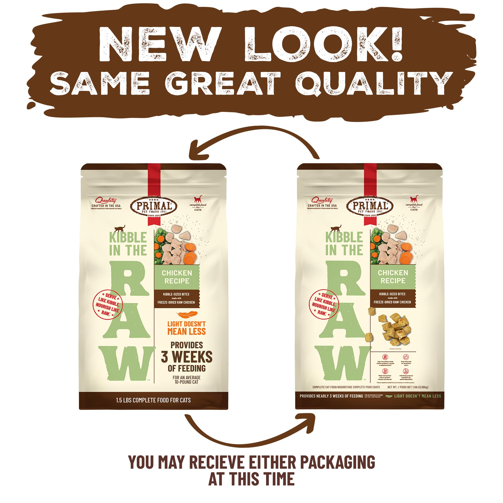 Primal Kibble in The Raw crafted in USA packaging.