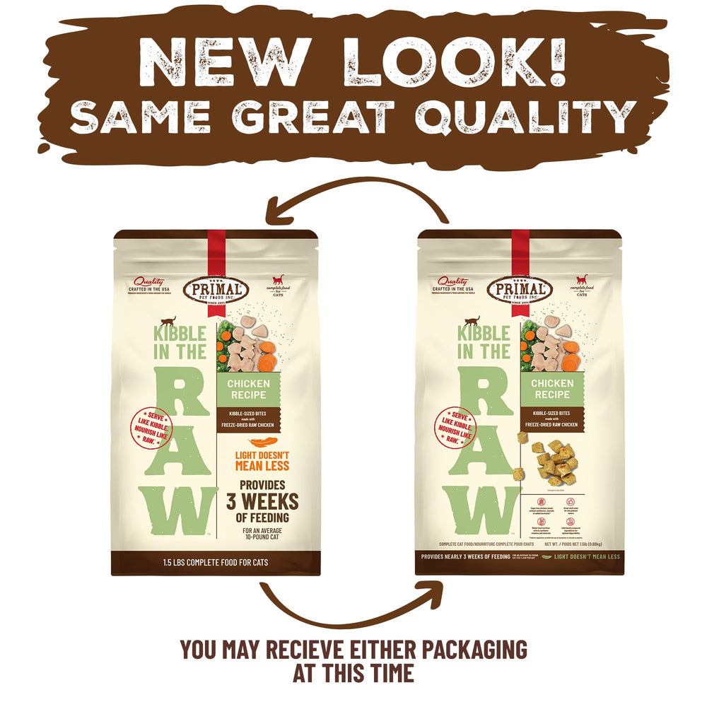 Primal Kibble in The Raw crafted in USA packaging.