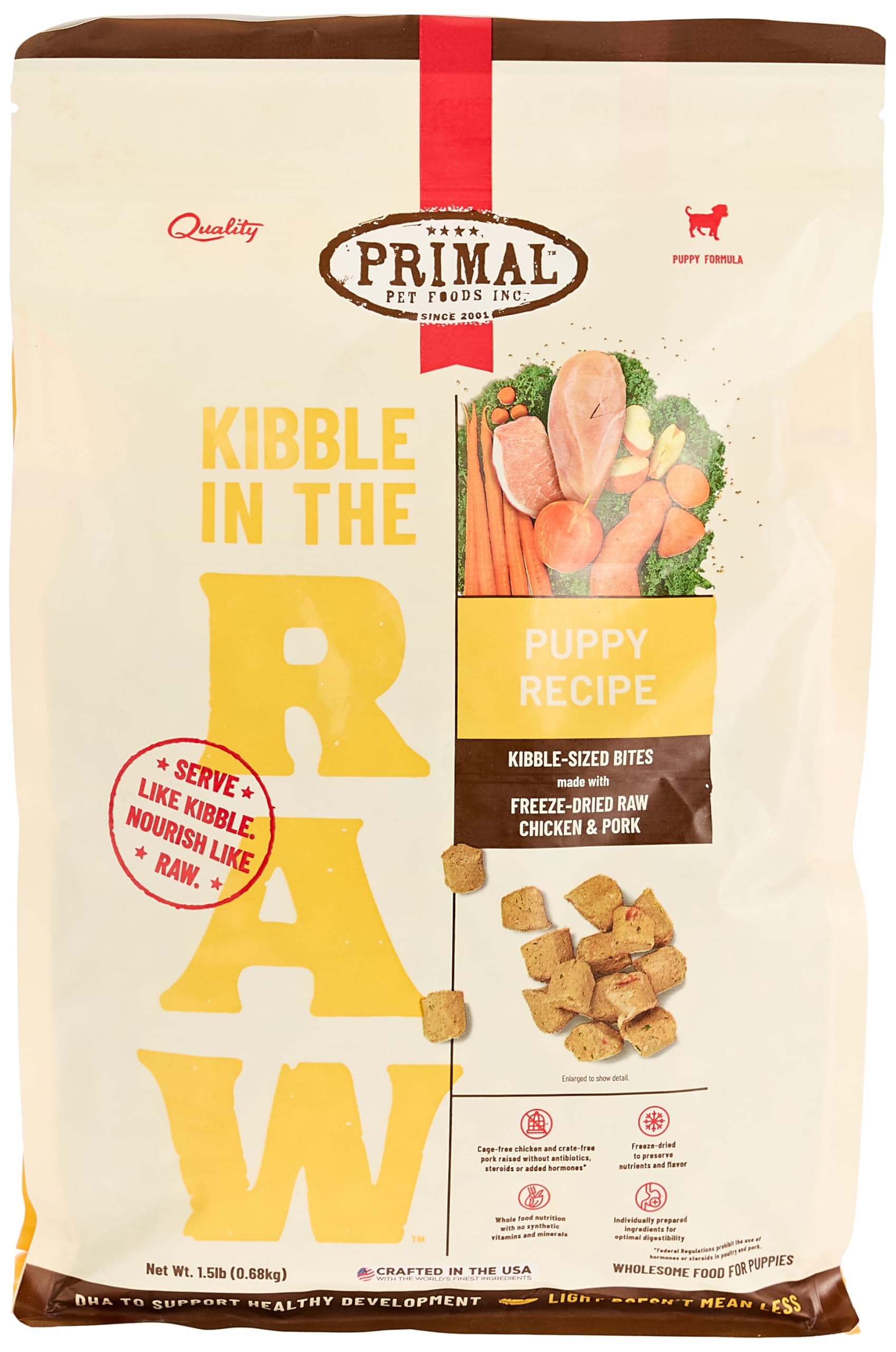 Primal Kibble in the Raw crate-free pork for protein-rich flavor to support growth.