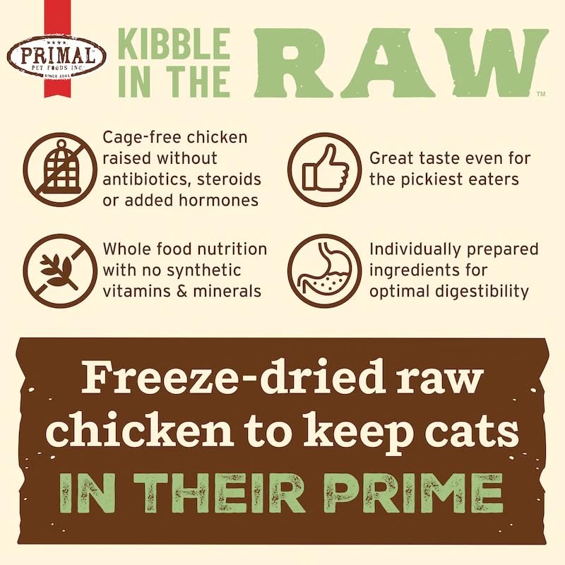 Primal Kibble in The Raw kale and sweet potato for digestible nutrition.