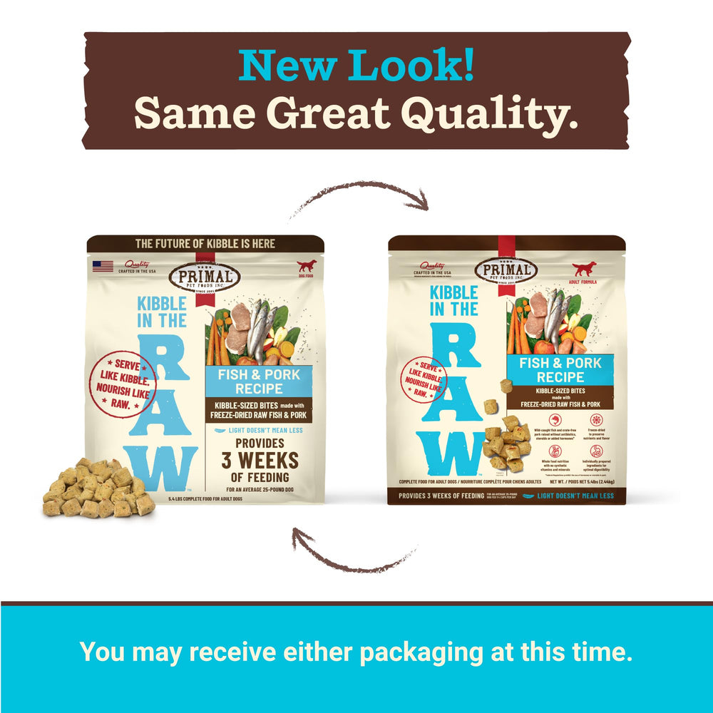 Primal Kibble in The Raw packaging with spoon demonstrates convenient serving.
