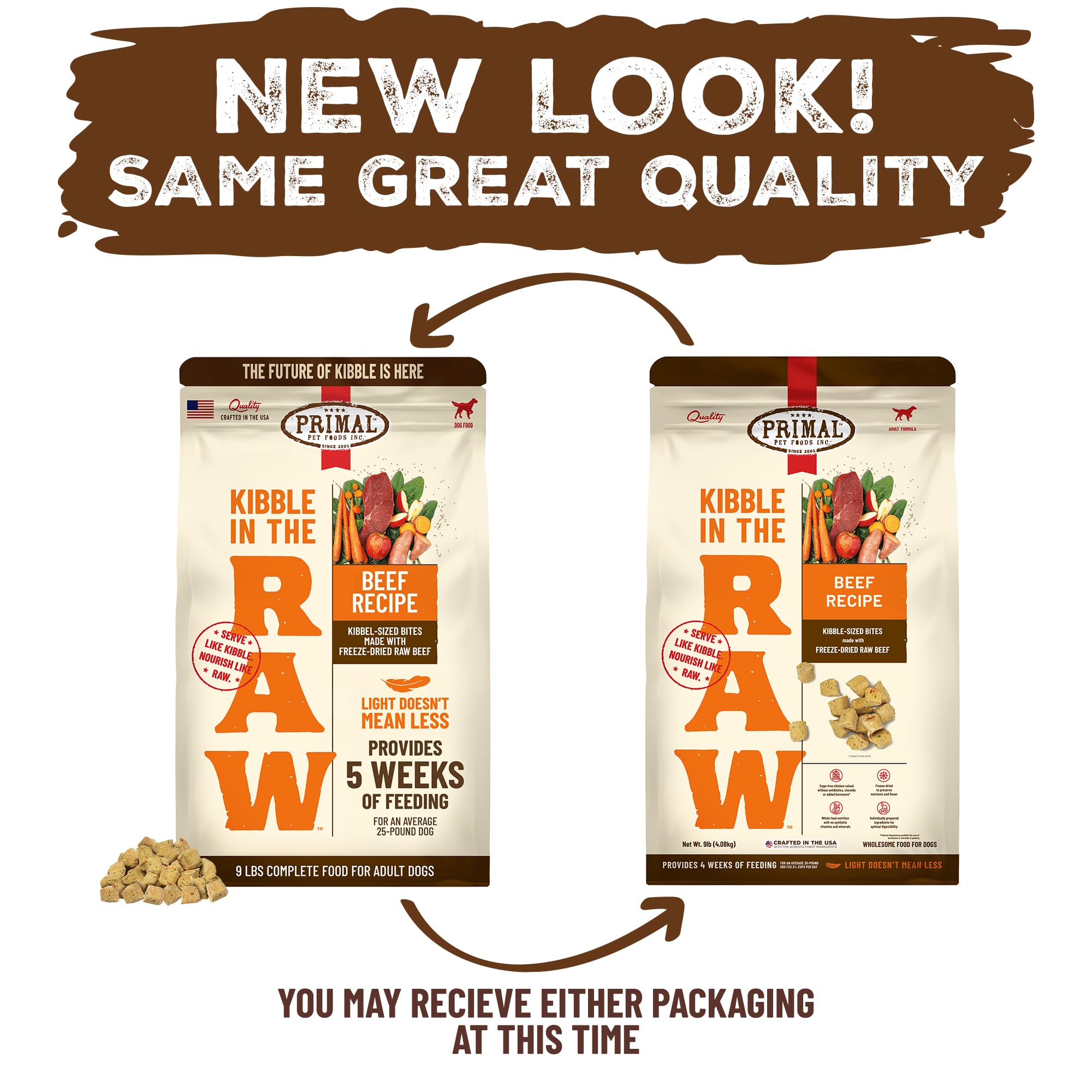 Packaging of Primal Kibble in The Raw highlights real ingredients.