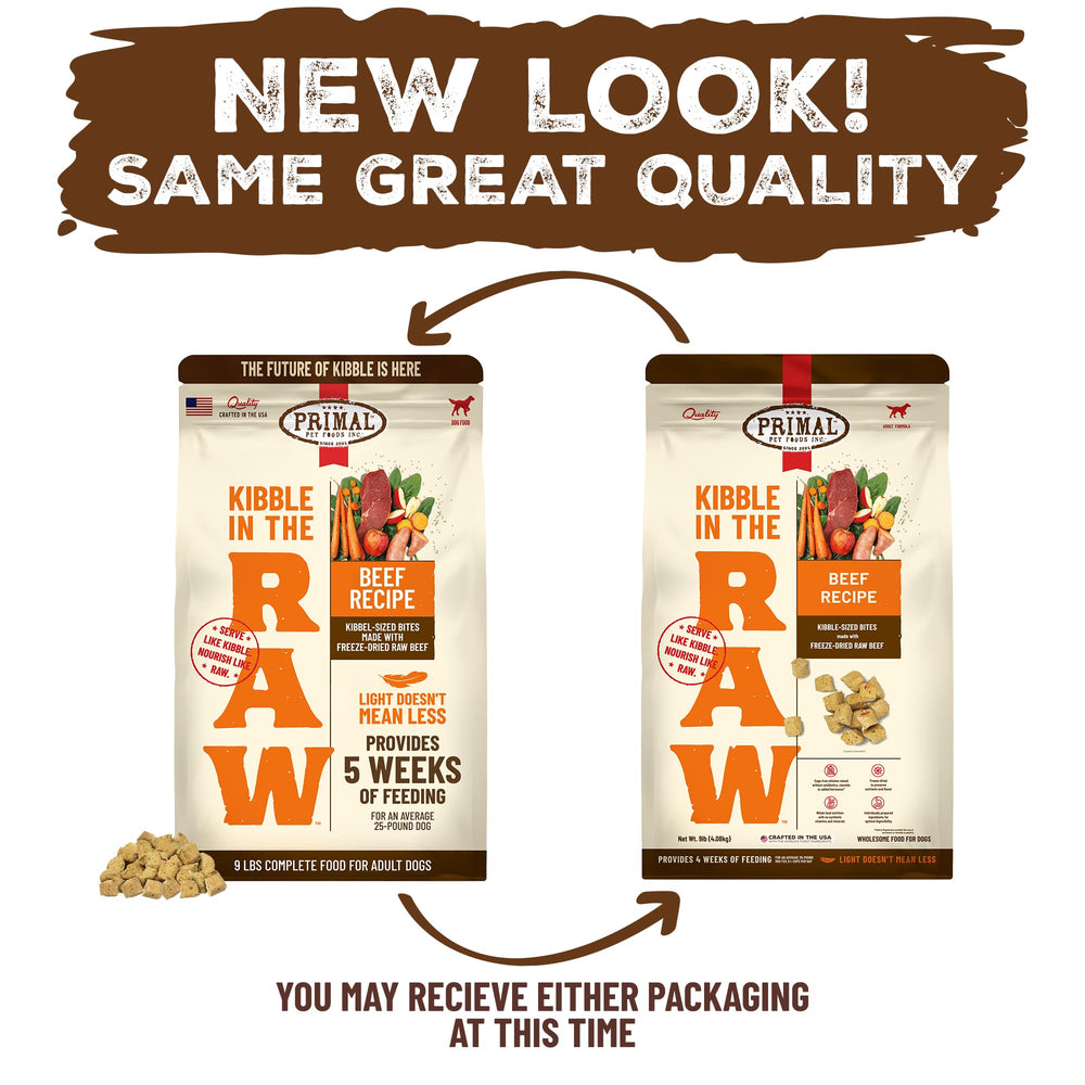 Packaging of Primal Kibble in The Raw highlights real ingredients.