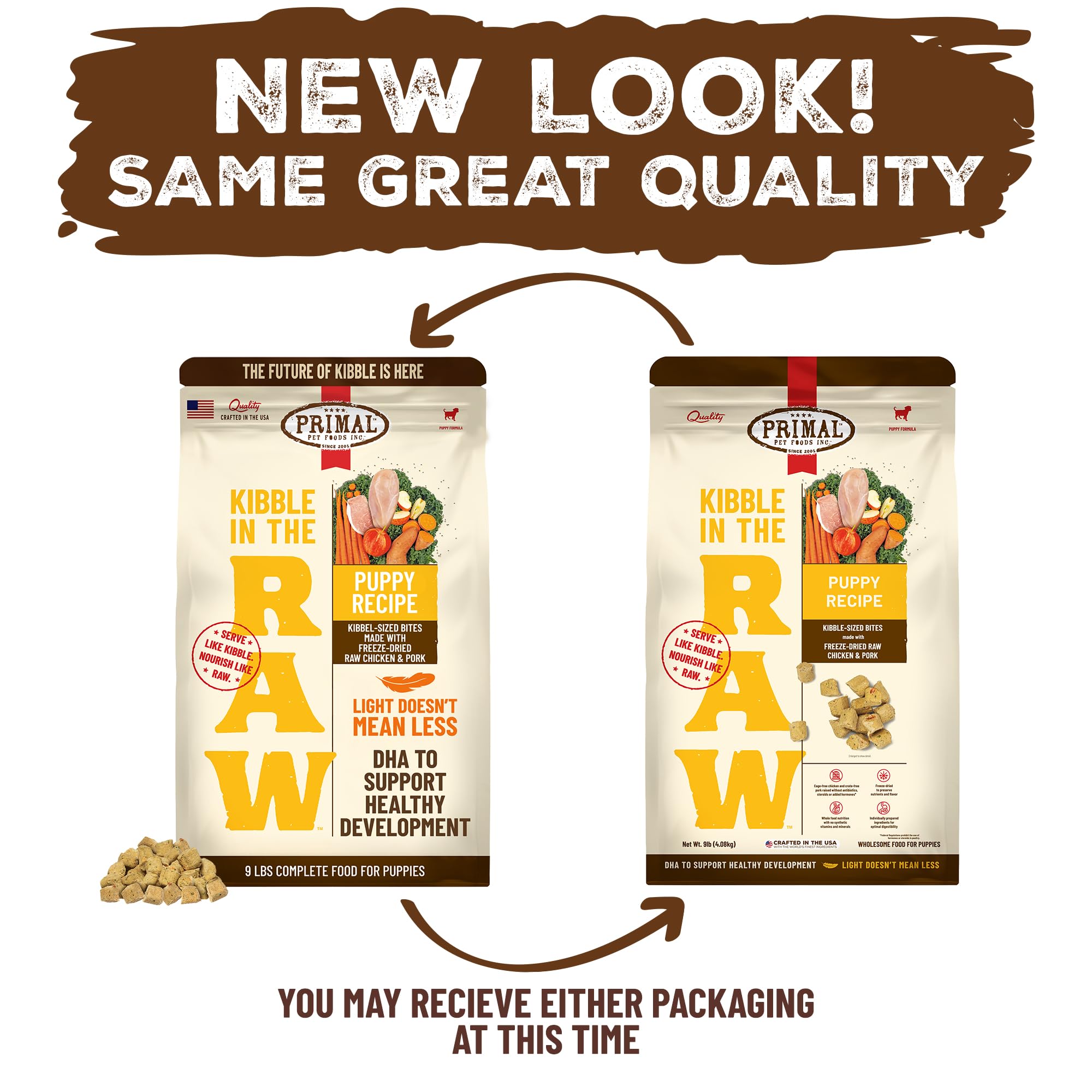 Primal Kibble in the Raw puppy meal portion suggests easy portioning for meals.