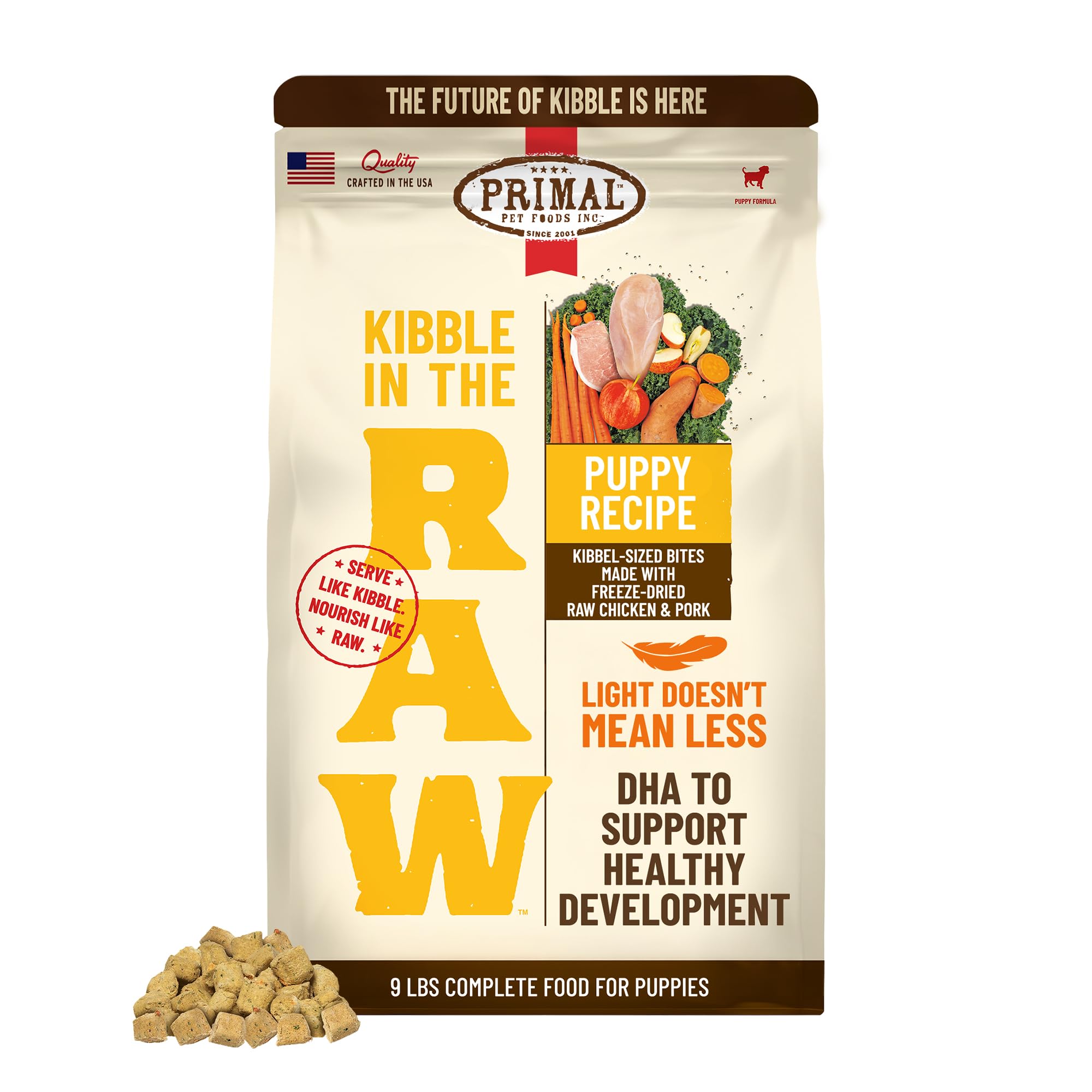 Primal Kibble in the Raw puppy recipe bag shows ready-to-serve nutrition for growing dogs.