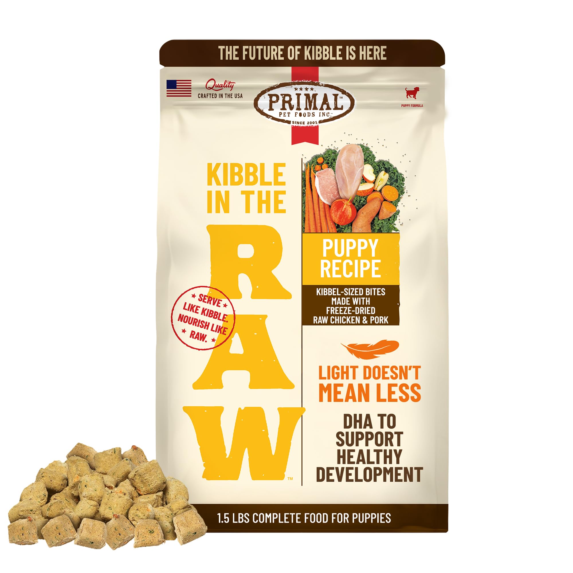 Primal Kibble in the Raw puppy recipe bag ready-to-serve nutrition for growing dogs.