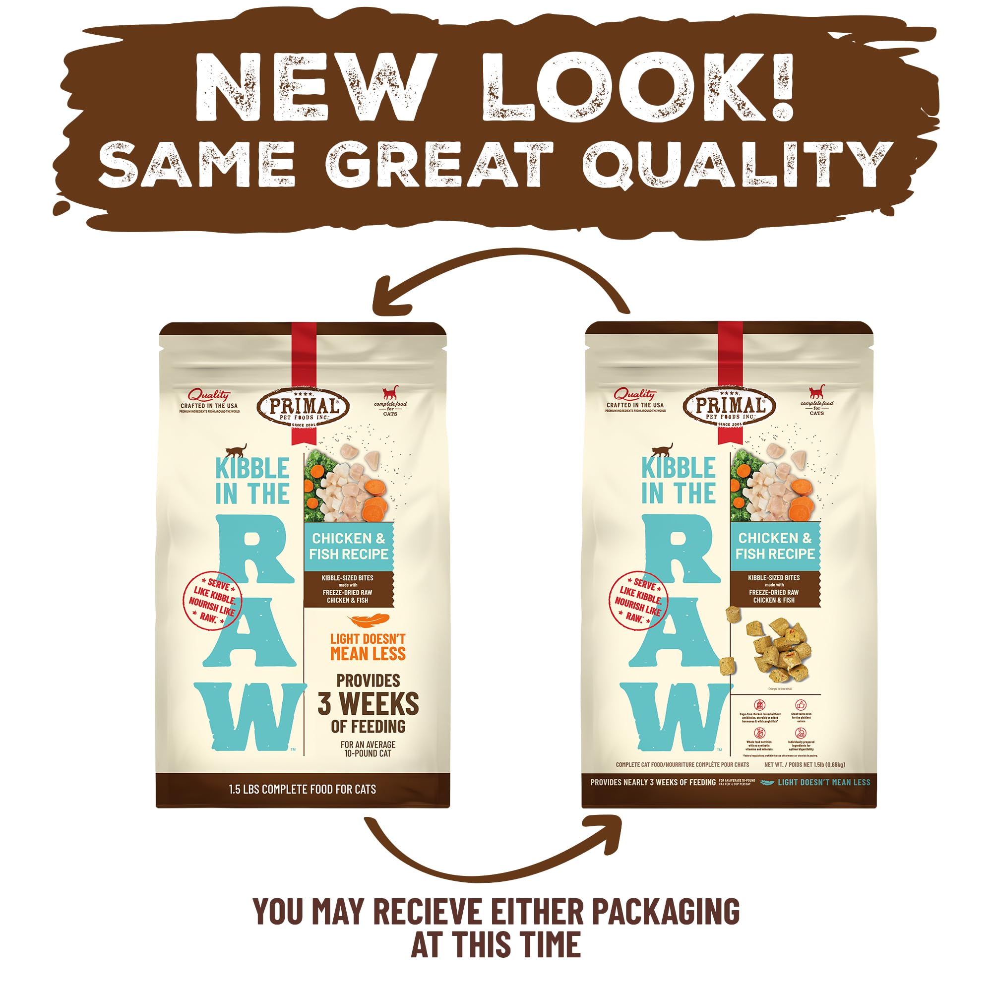 Primal Kibble in the Raw packaging highlights quality ingredients.