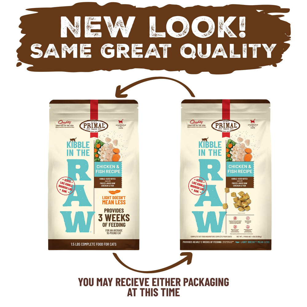 Primal Kibble in the Raw packaging highlights quality ingredients.