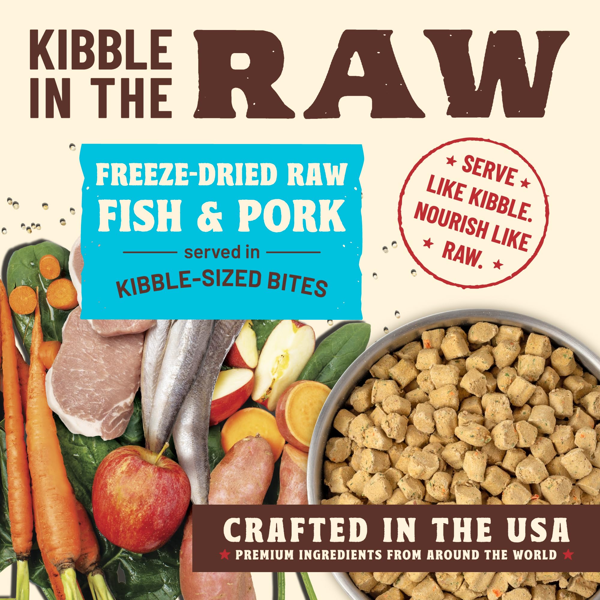 Primal Kibble in the Raw scoop-serve image demonstrates easy, mess-free feeding.