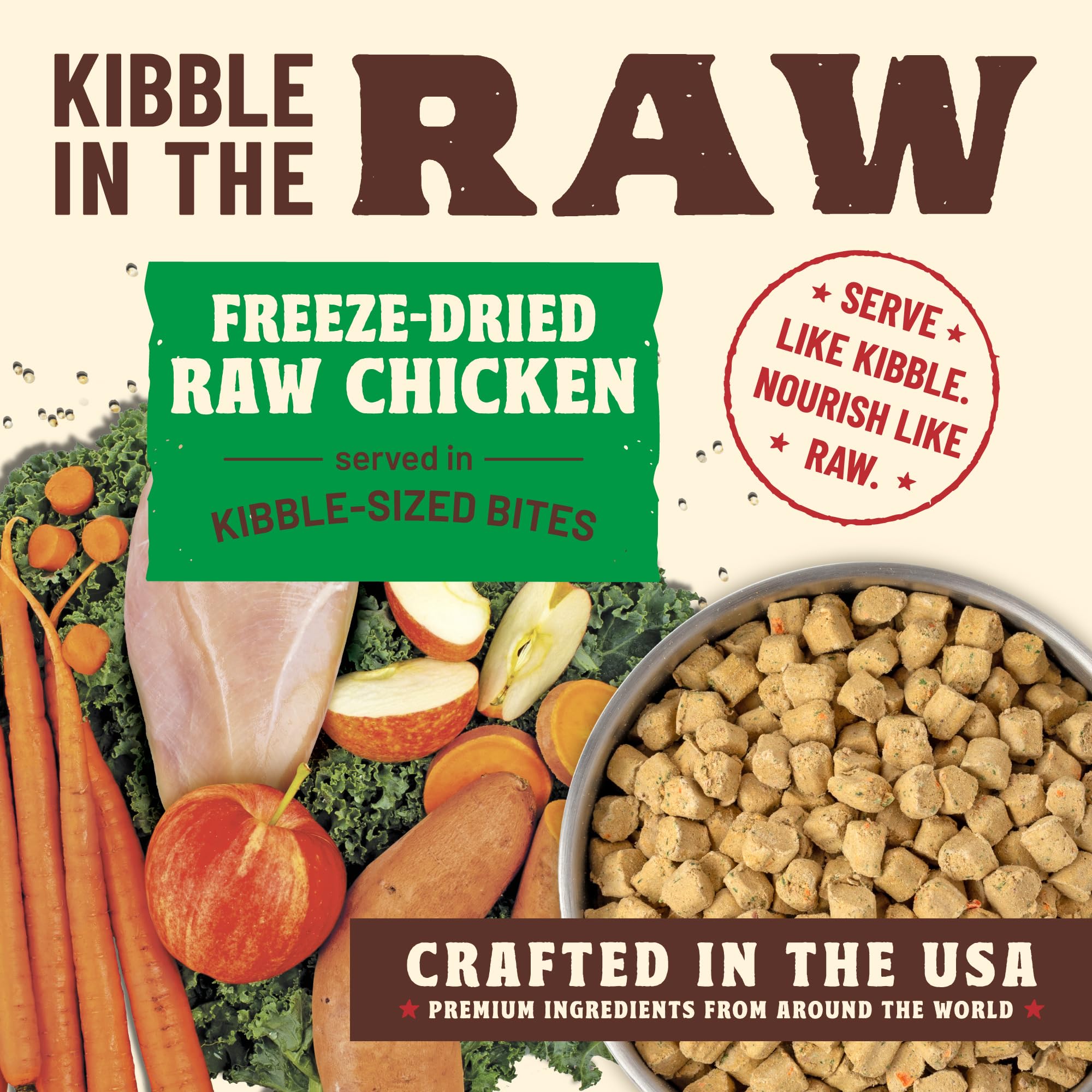 Primal Kibble in the Raw serve-from-bag view shows convenient, no-prep feeding.