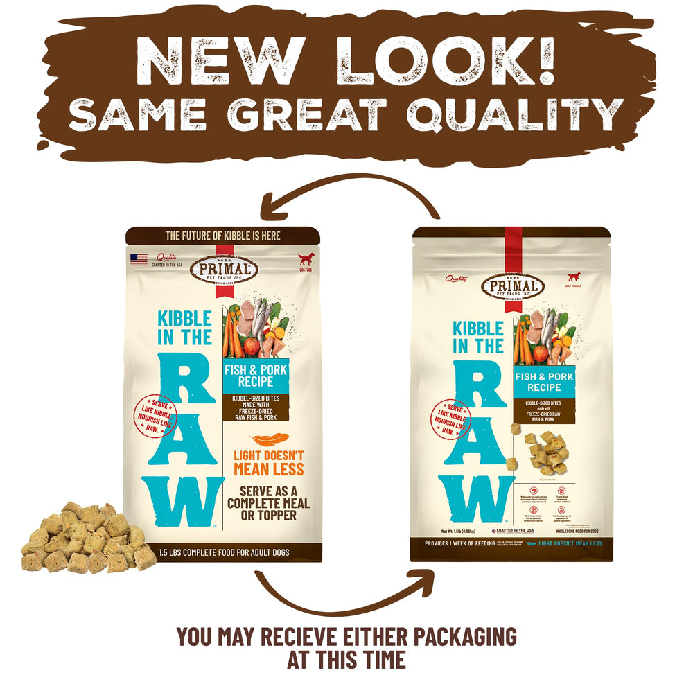 Primal Kibble in the Raw feeding scene with a happy dog.
