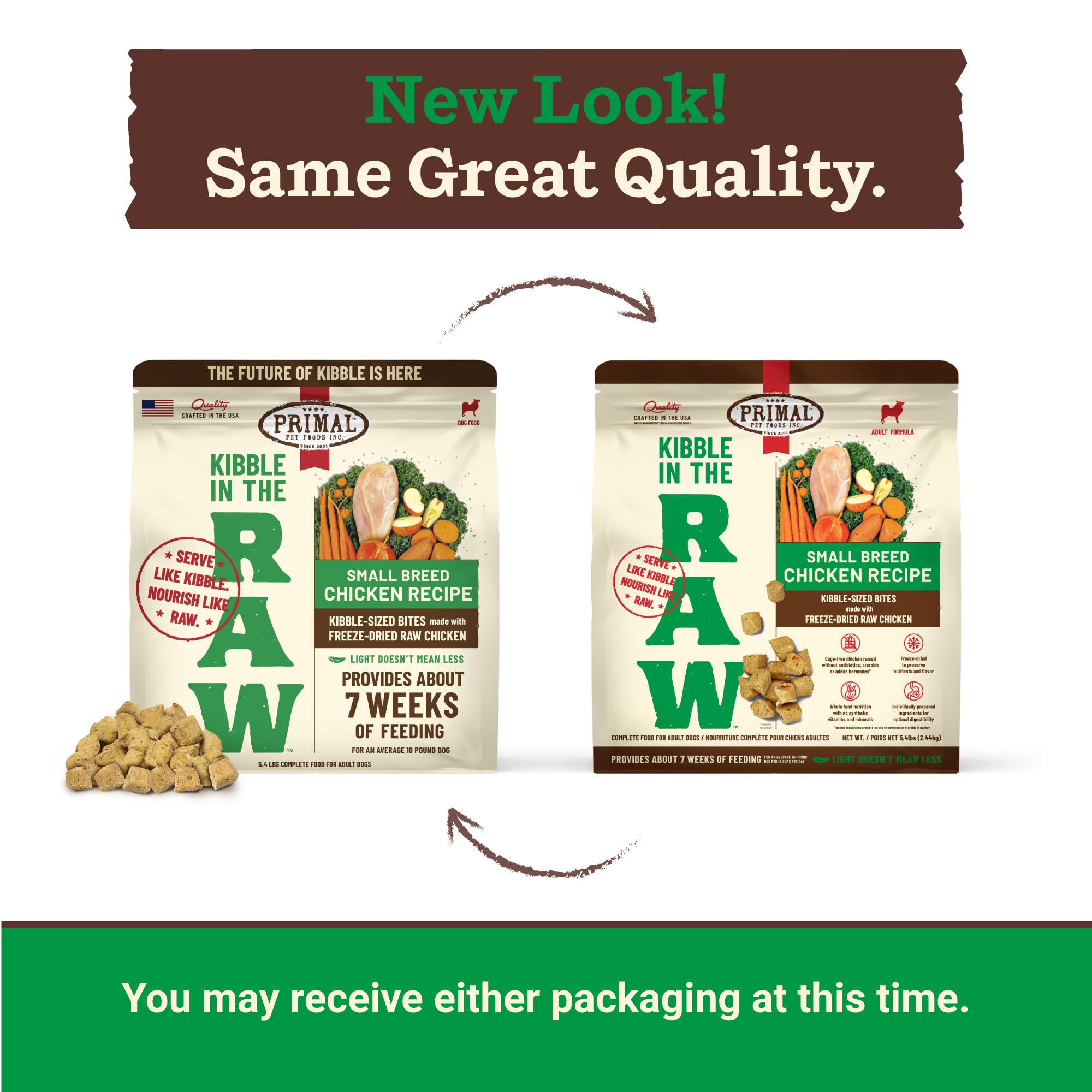 Primal Kibble label shows transparent ingredients and no unnecessary fillers.