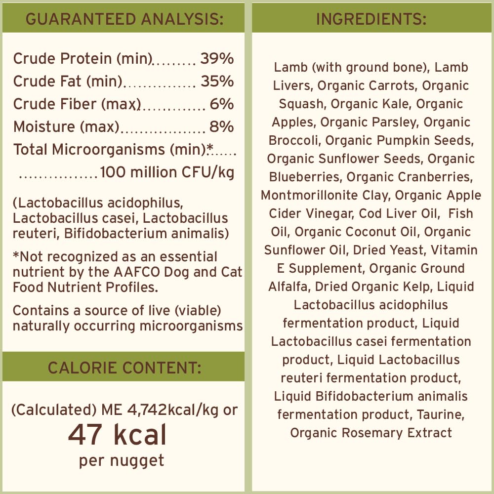 Primal Pet Foods Lamb Nuggets grain-free formula label emphasizes clean ingredients.