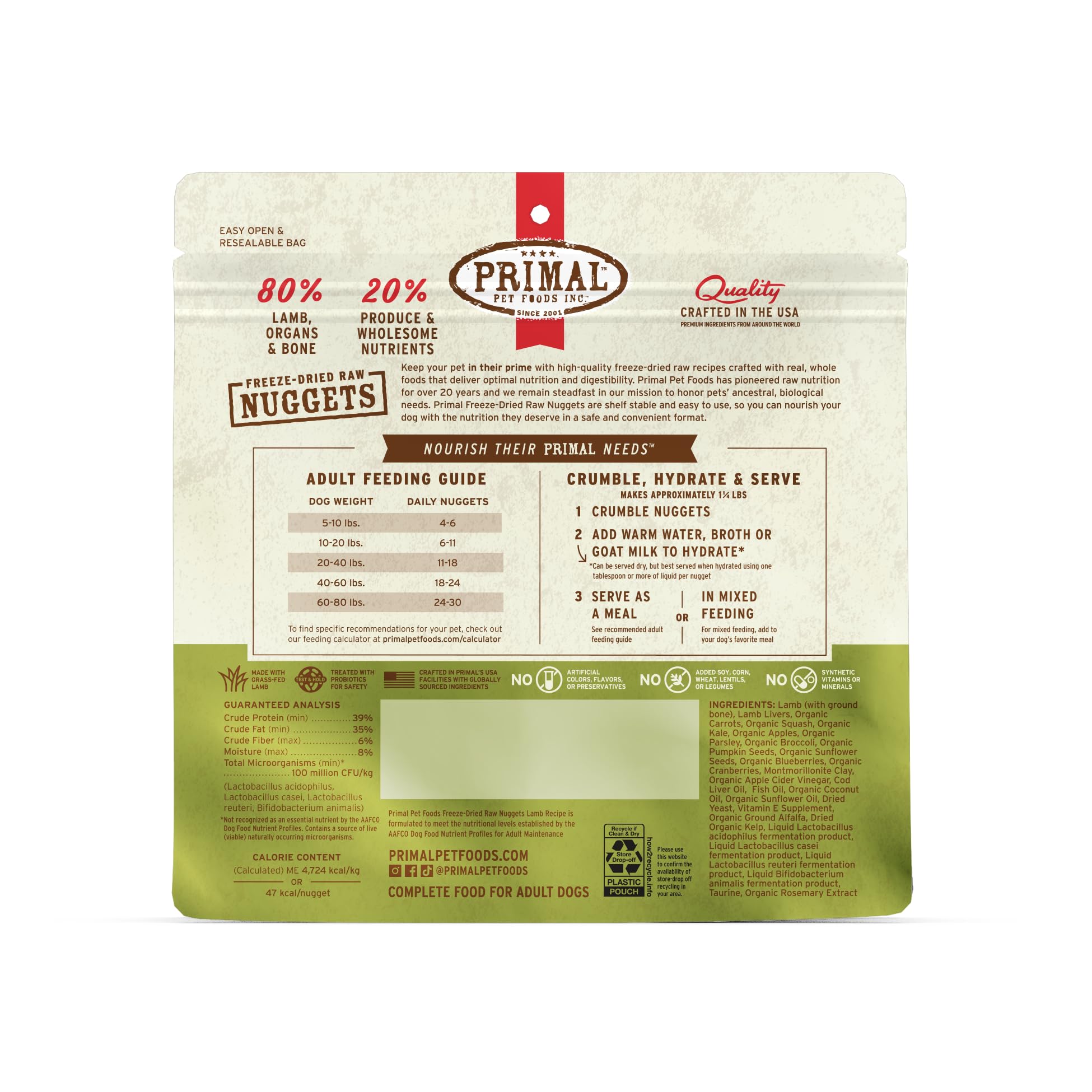 Primal Pet Foods Lamb Nuggets nutrition panel signaling complete and balanced nutrition.