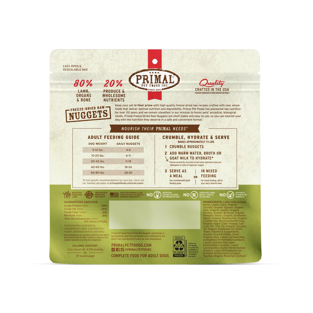 Primal Pet Foods Lamb Nuggets nutrition panel signaling complete and balanced nutrition.