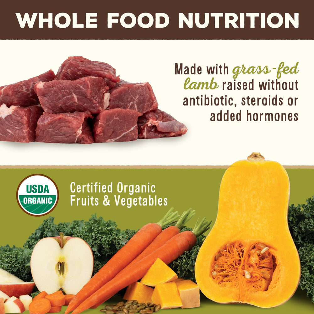 Primal Lamb Nuggets with organic fruits and vegetables displayed.