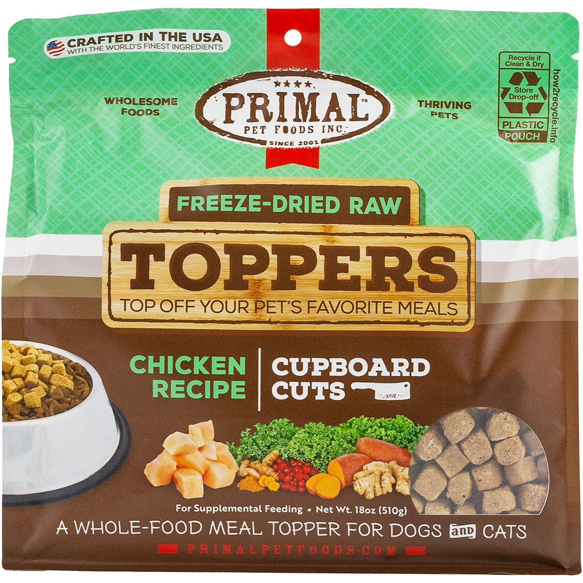 Primal Pet Foods cupboard cuts chicken toppers display, convenient protein boost for meals