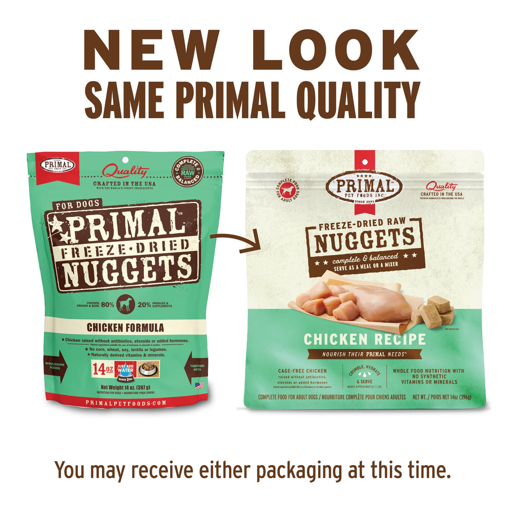 Primal Pet Foods nuggets served as a meal topper on kibble