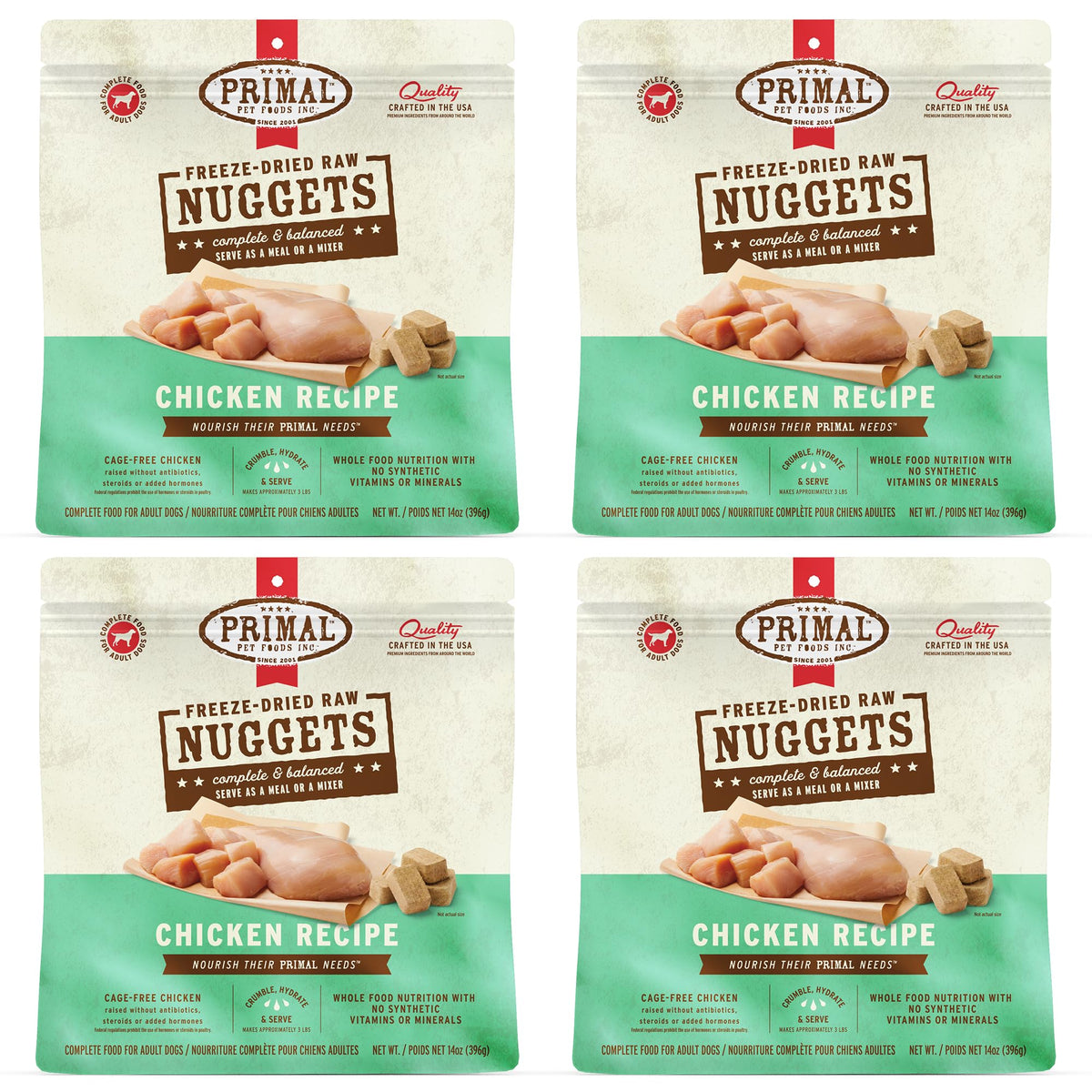 Primal Pet Foods freeze-dried chicken dog nuggets in bag for convenient feeding