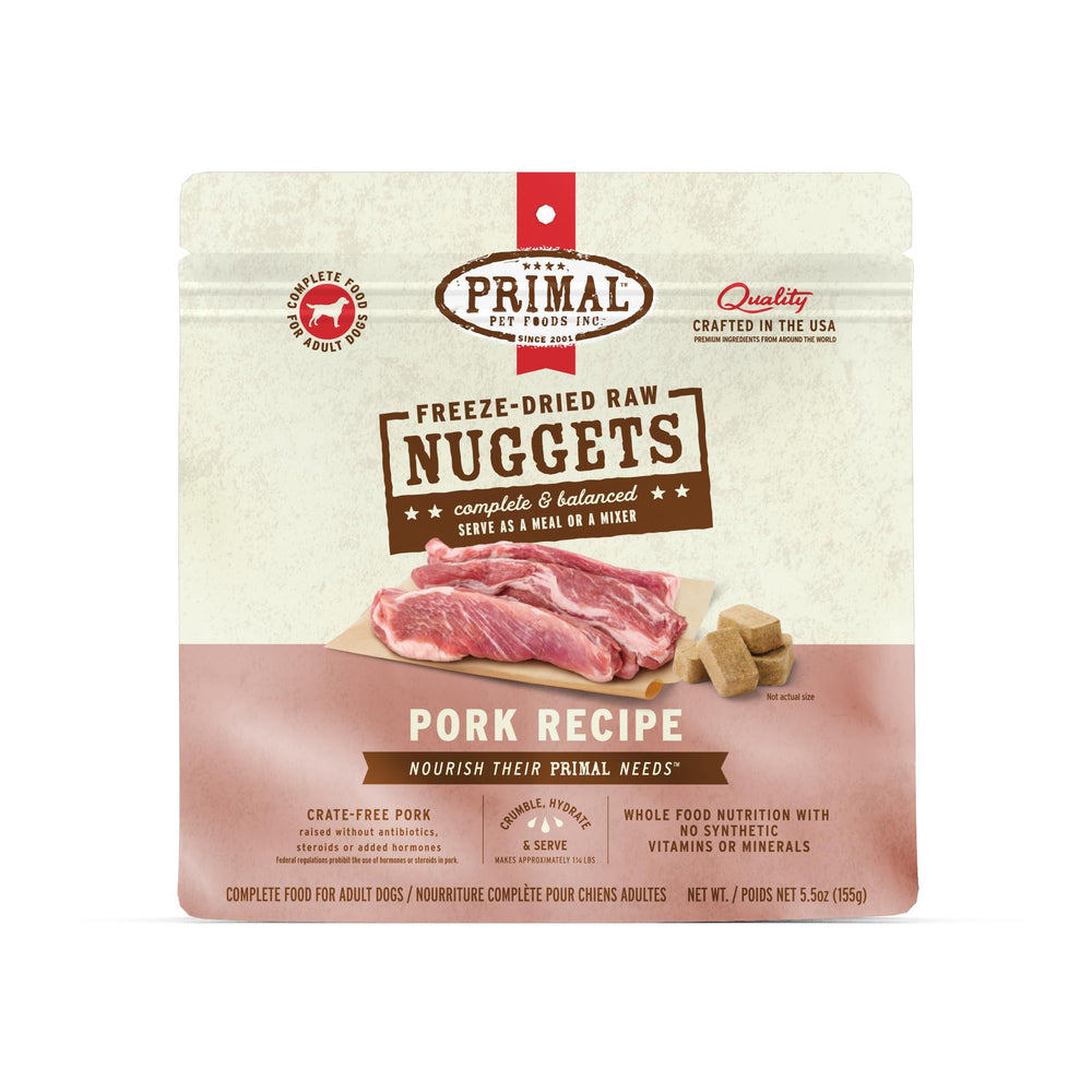 Primal Pet Foods freeze-dried pork nuggets package for convenient raw nutrition