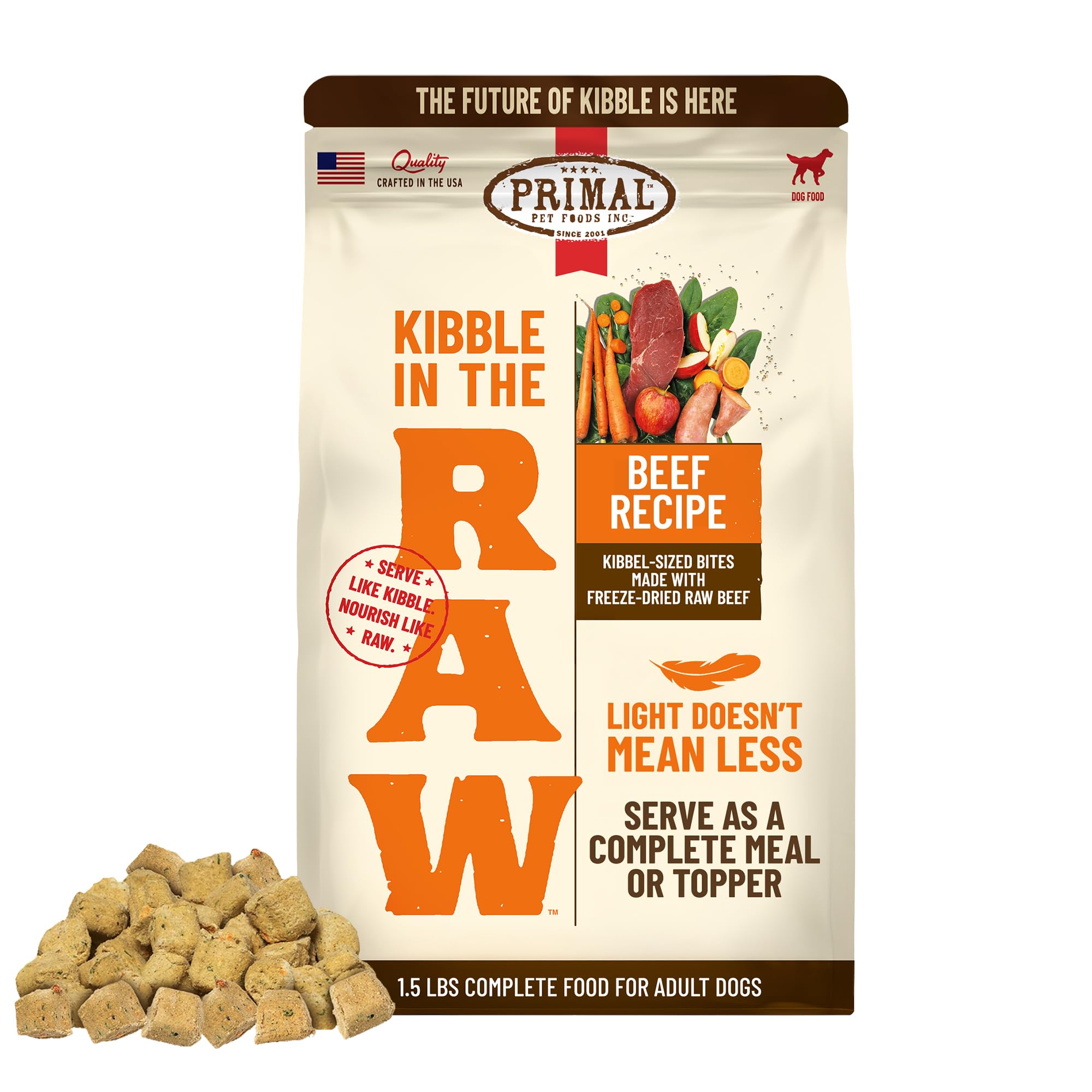 Primal Kibble in The Raw beef bag front shows ready-to-serve nutrition for dogs