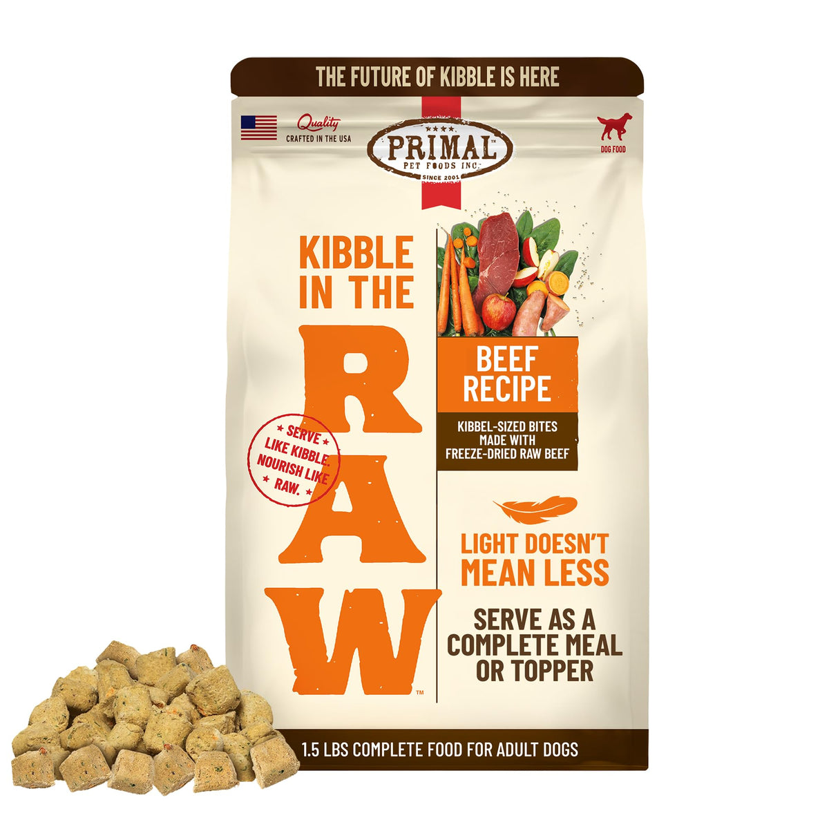 Primal Kibble in The Raw beef bag front shows ready-to-serve nutrition for dogs