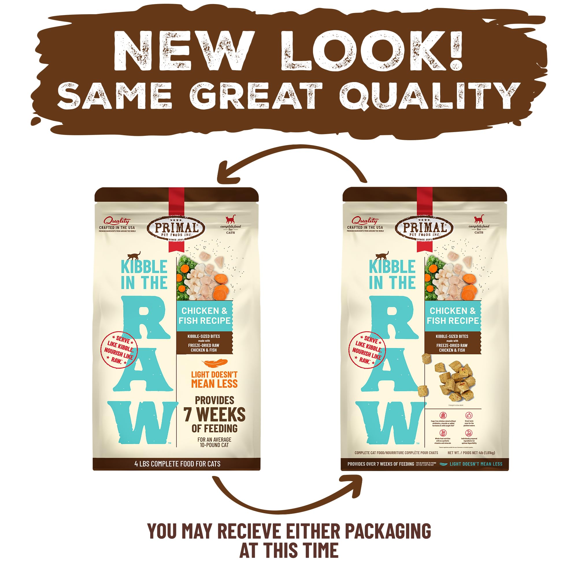 Primal Pet Foods Kibble in the Raw cat mealtime scene ready-to-serve.