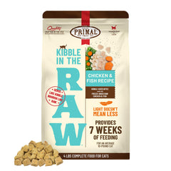 Primal Pet Foods Kibble in the Raw bag close-up showing freeze-dried raw protein.