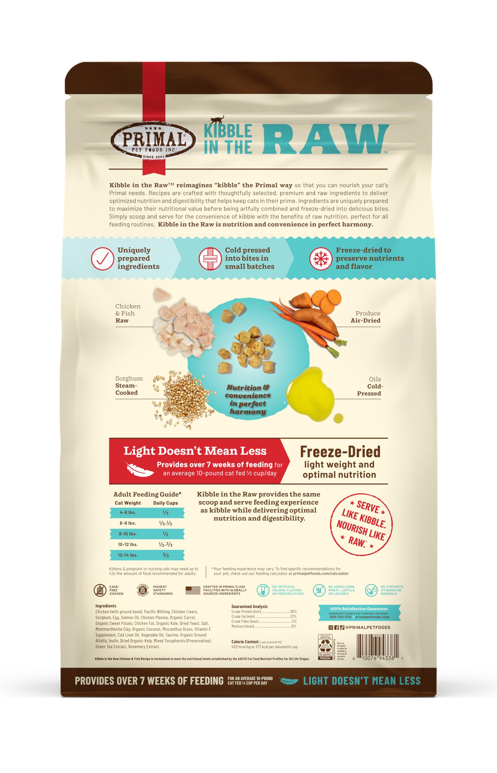 Primal Pet Foods Kibble in the Raw texture close-up shows crunchy bites.