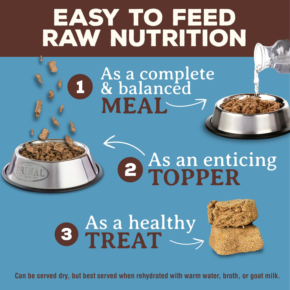 No grains in ingredients list from Primal Pet Foods appeals to grain-free preferences.