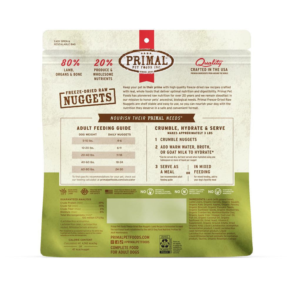 Two-pack Primal Lamb Nuggets shown as a convenient shelf-stable option.