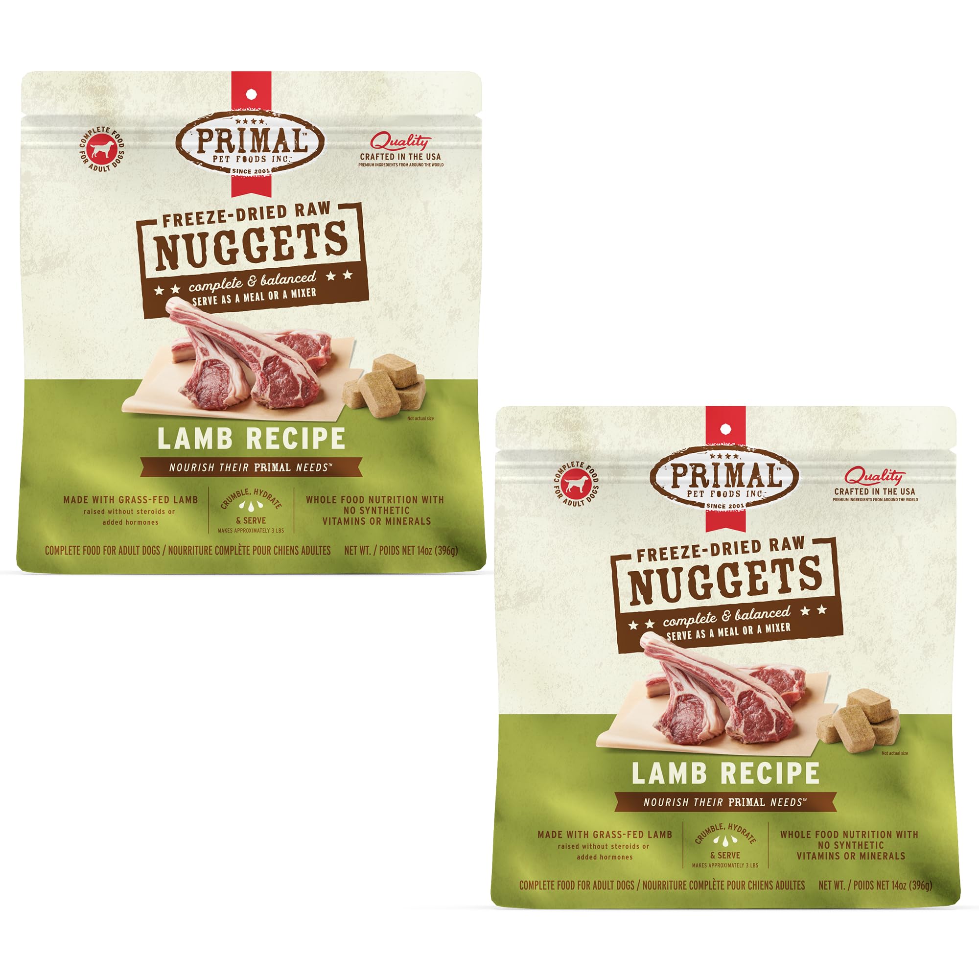 Primal Freeze Dried Lamb Nuggets pack on shelf offering convenient raw nutrition.