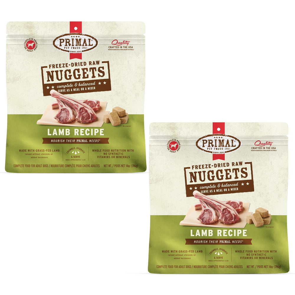 Primal Freeze Dried Lamb Nuggets pack on shelf offering convenient raw nutrition.