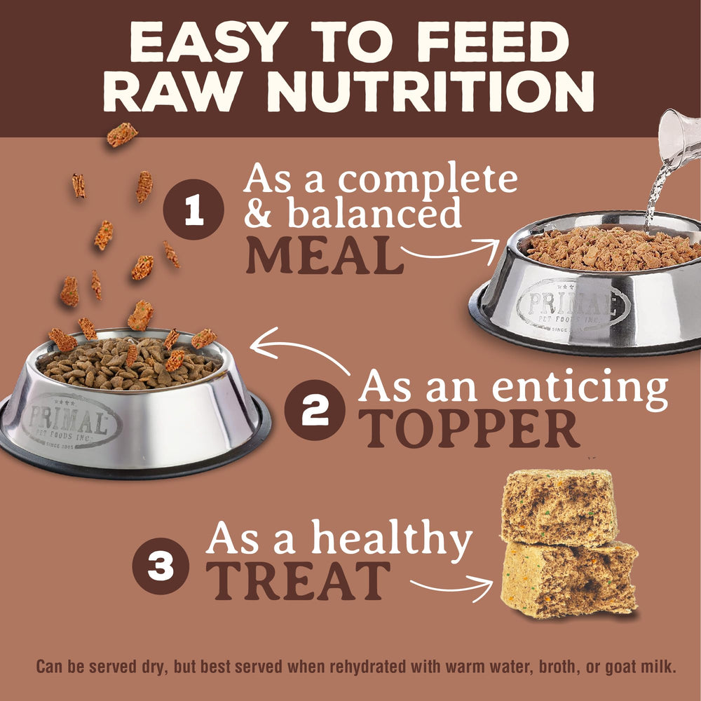 Primal Pet Foods rehydrated nuggets in a bowl with aroma