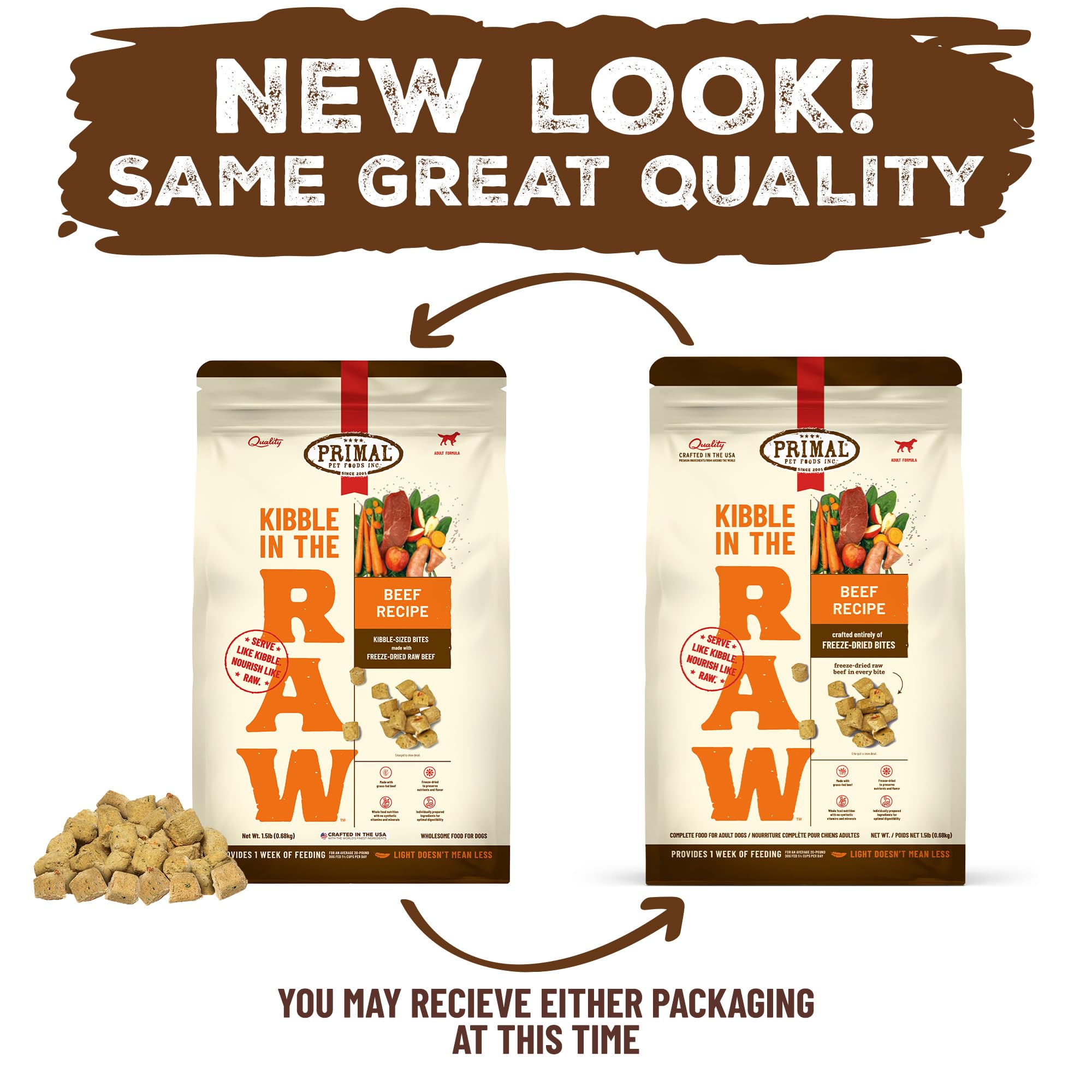 Primal Kibble scoop-and-serve close-up suggests mess-free feeding