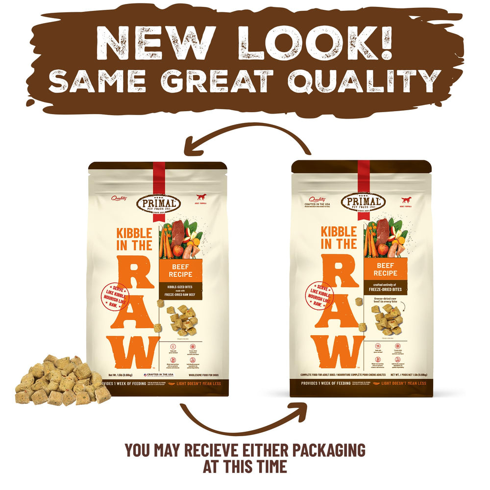 Primal Kibble scoop-and-serve close-up suggests mess-free feeding