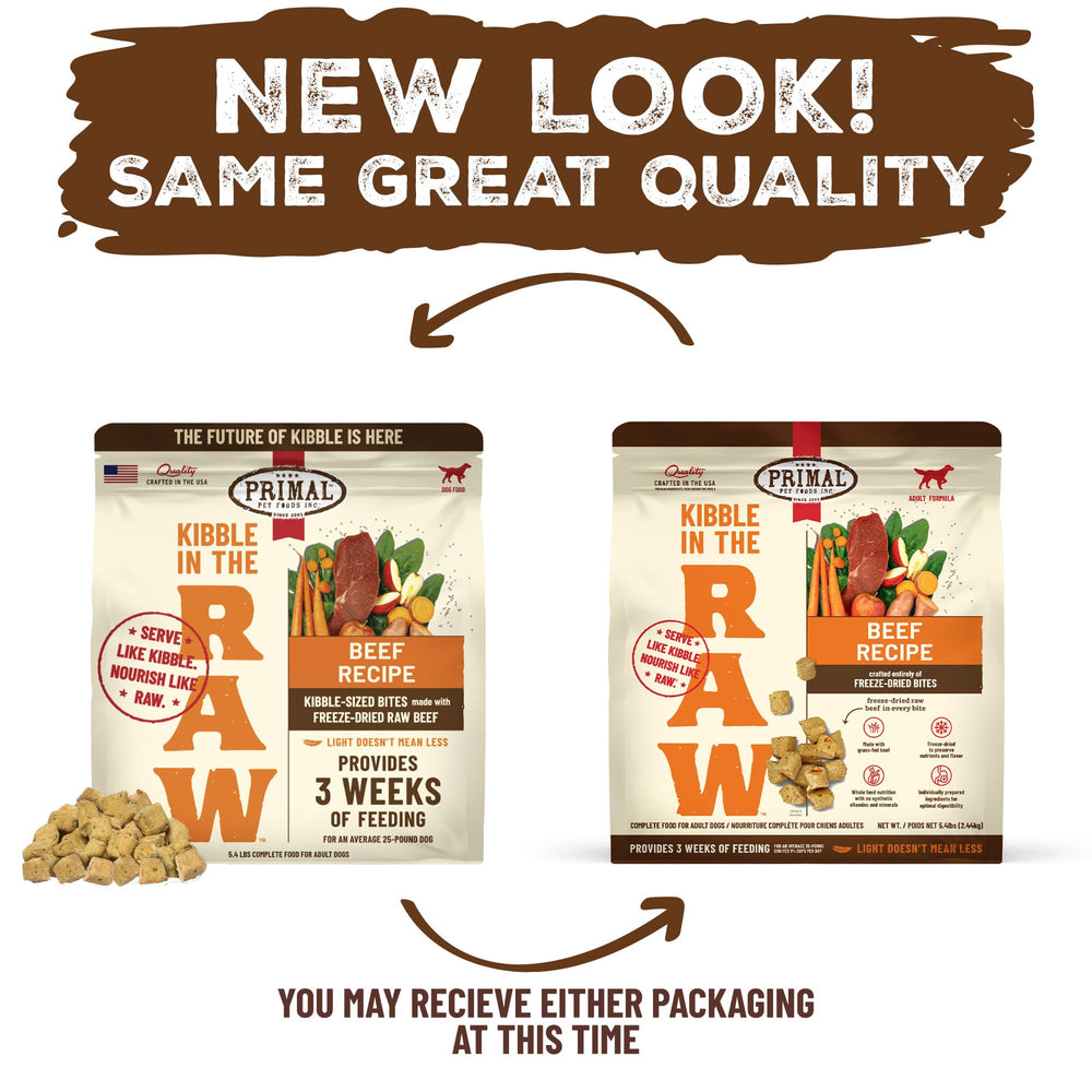 Primal Kibble in The Raw USA-made 5.4 lb bag highlights local production.