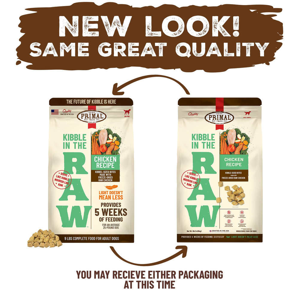 Primal Kibble in the Raw 9-lb bag open, ready to serve.