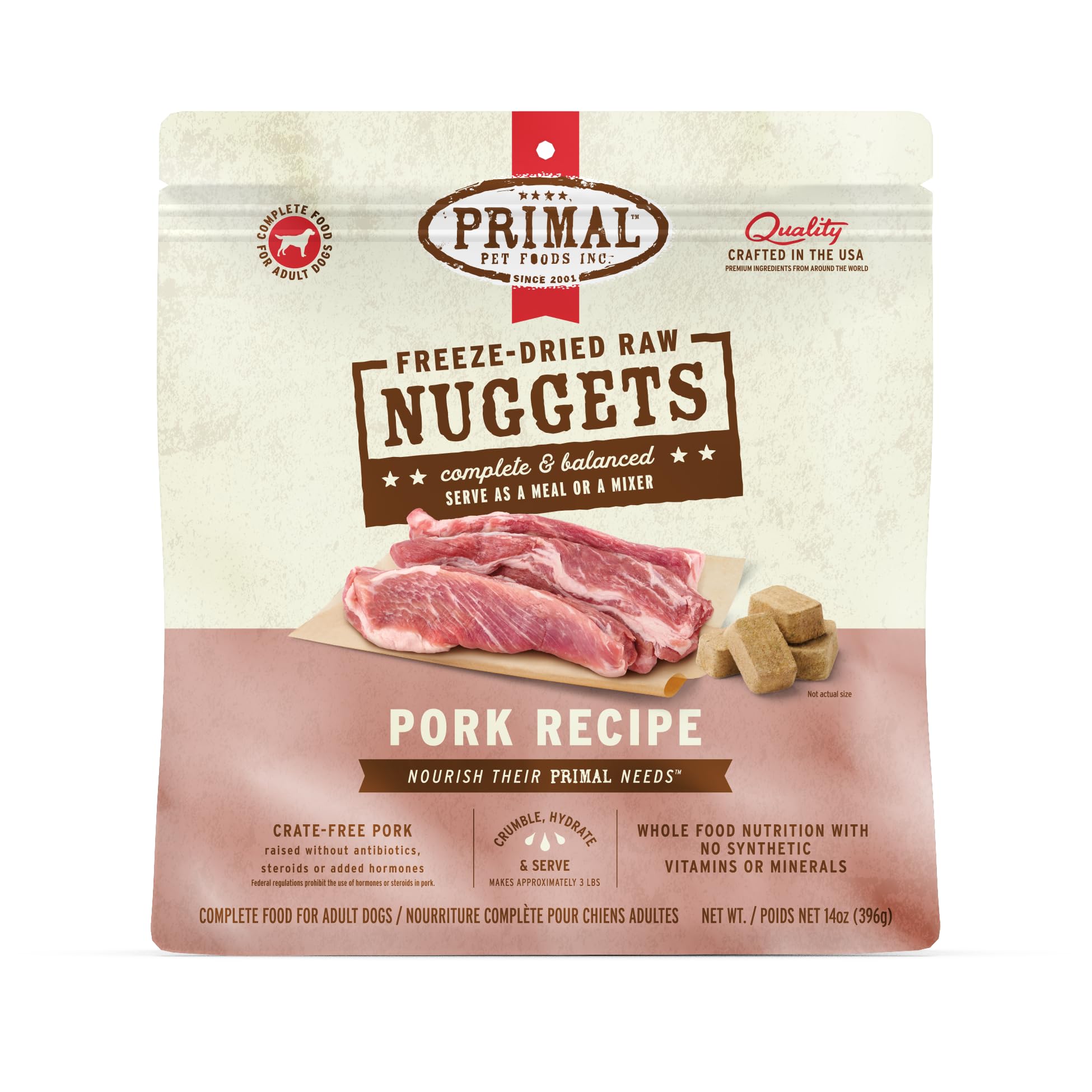 Primal Freeze Dried Raw Pork Nuggets in bowl, complete and balanced nutrition for adult dogs.