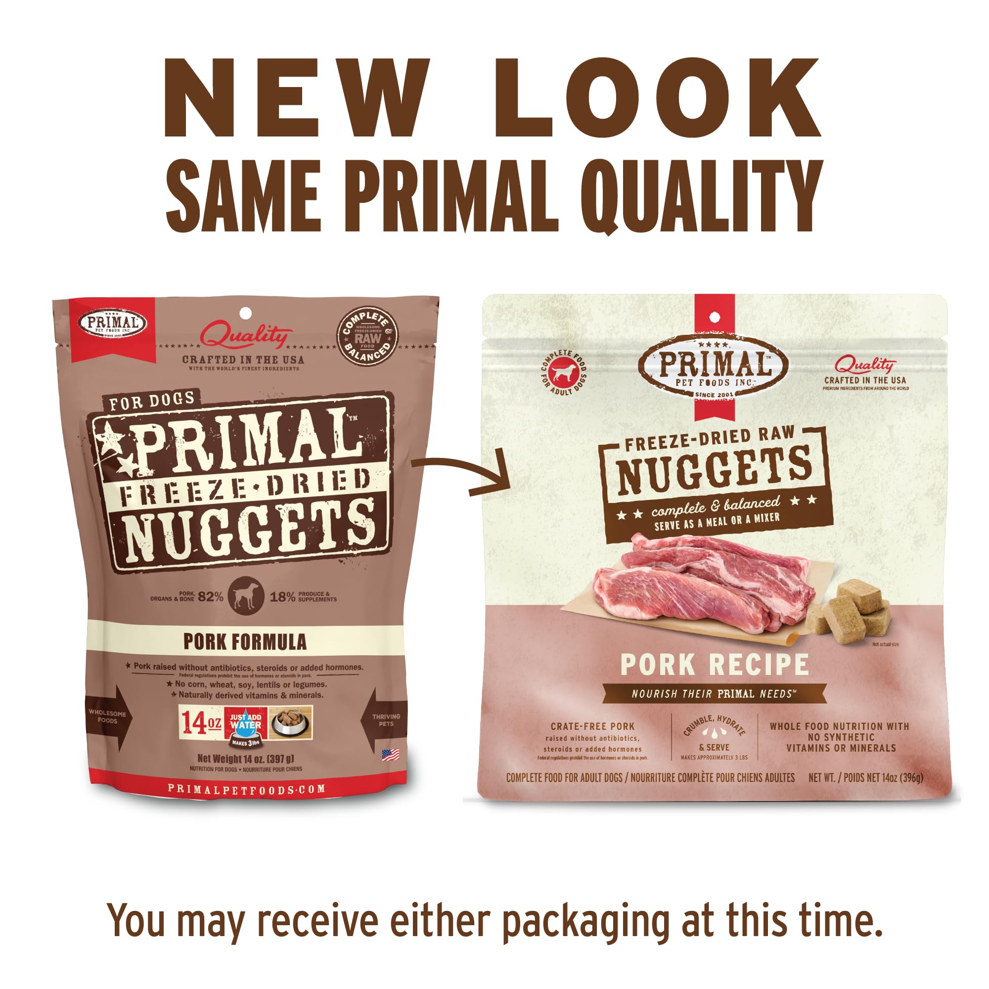 Crumbled Primal pork nuggets toppers on dog food for enhanced flavor and texture.
