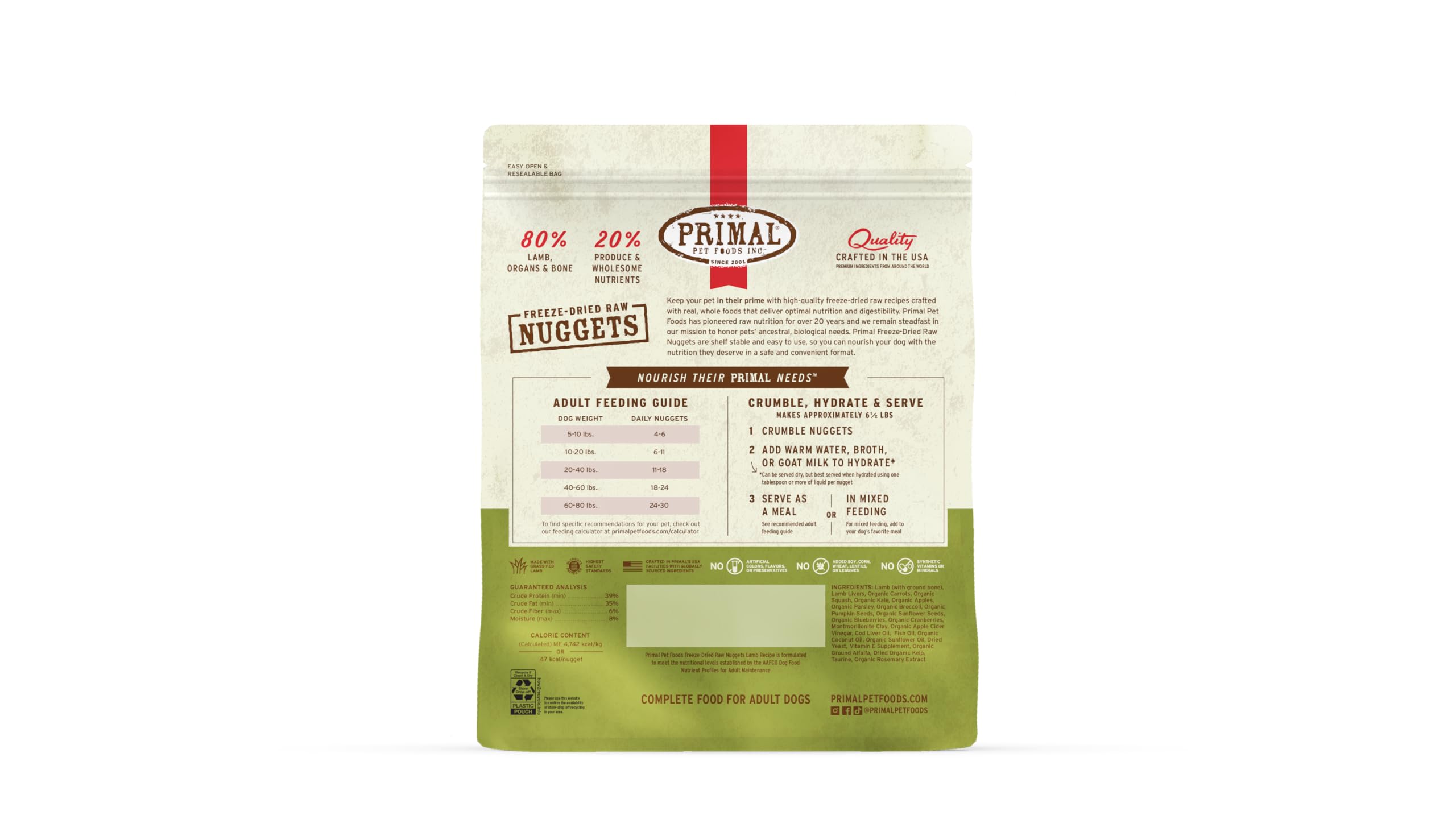 Primal premium high-protein lamb nuggets ready to serve as a complete meal.