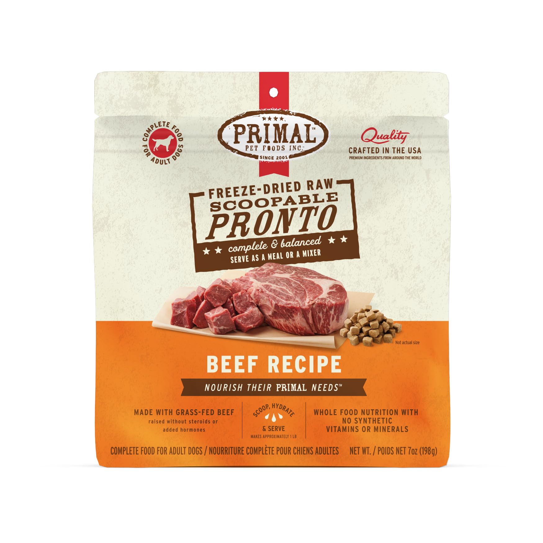 Primal Pronto Mini Nuggets beef packaging showing premium grain-free dog food